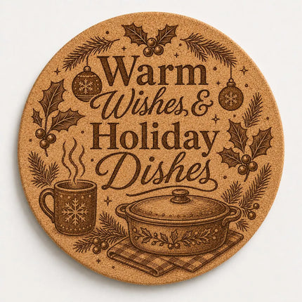 Christmas Cork Trivet, 8 Inch Laser Engraved Hot Pad, Holiday Kitchen Decor