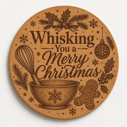 Christmas Cork Trivet, 8 Inch Laser Engraved Hot Pad, Holiday Kitchen Decor