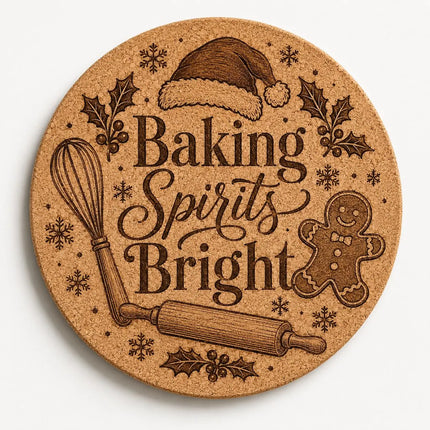 Christmas Cork Trivet, 8 Inch Laser Engraved Hot Pad, Holiday Kitchen Decor