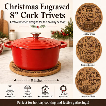 Christmas Cork Trivet, 8 Inch Laser Engraved Hot Pad, Holiday Kitchen Decor