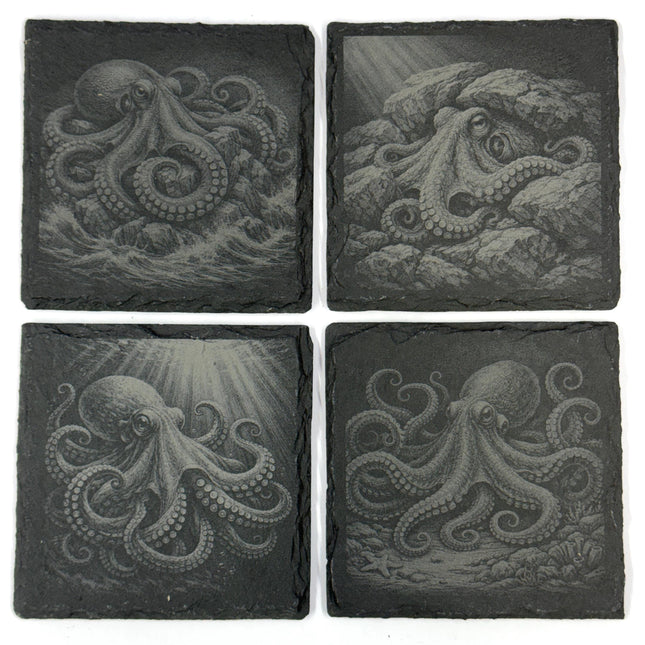 Octopus Among Rocks and Reefs, Set of 4 Laser Engraved Slate Coasters