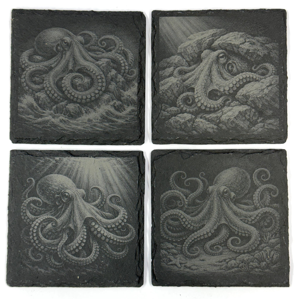 Octopus Among Rocks and Reefs, Set of 4 Laser Engraved Slate Coasters