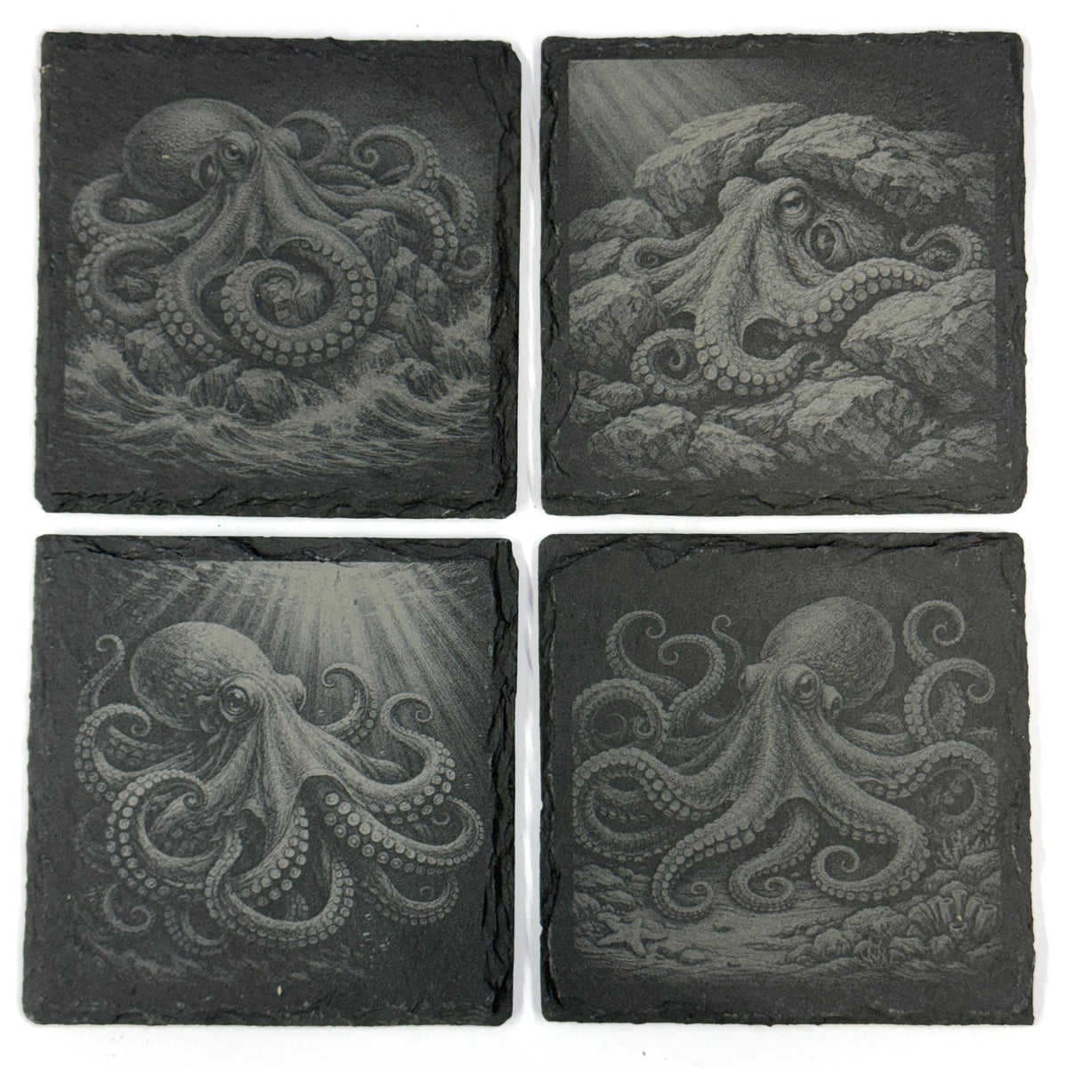 Octopus Among Rocks and Reefs, Set of 4 Laser Engraved Slate Coasters