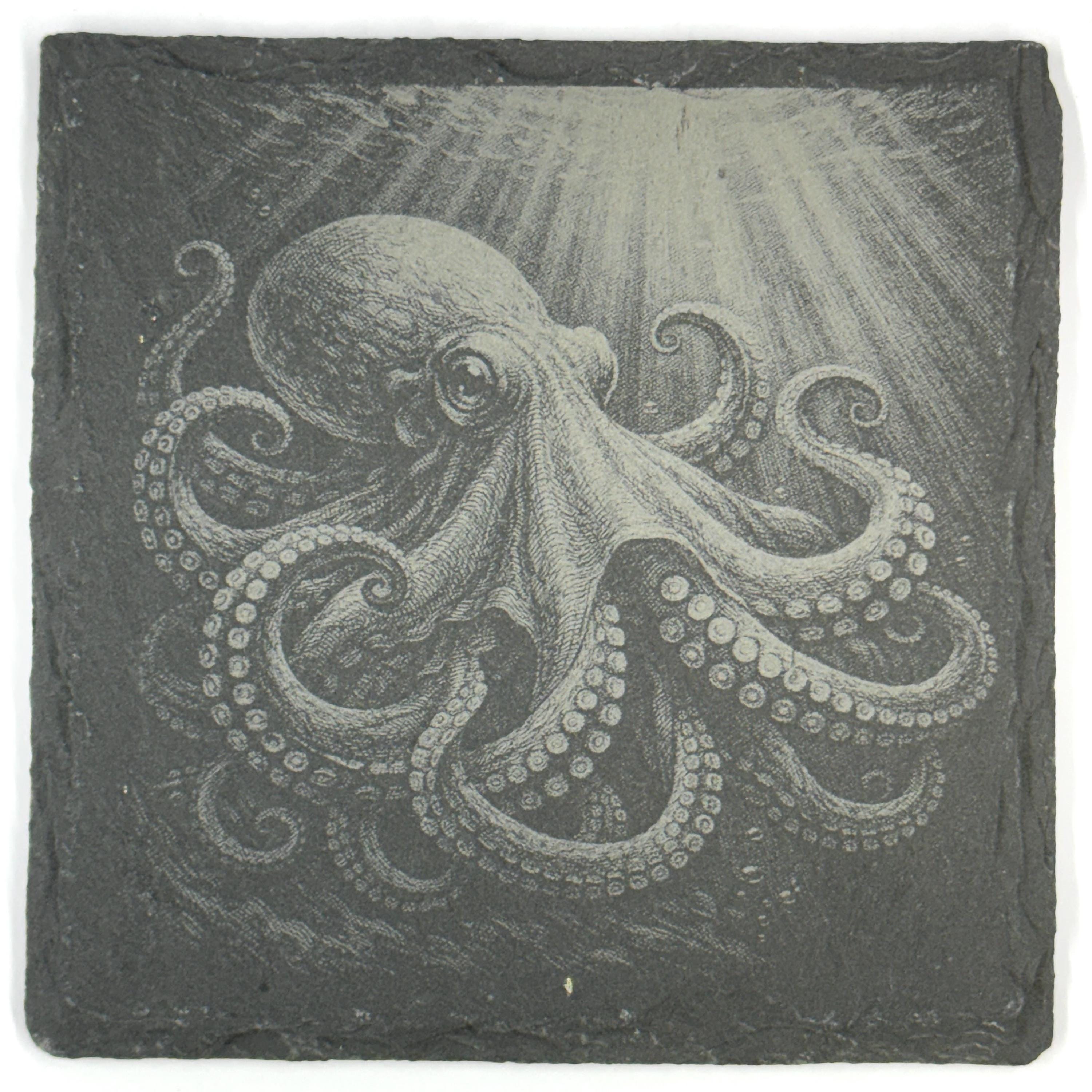 Octopus Among Rocks and Reefs, Set of 4 Laser Engraved Slate Coasters