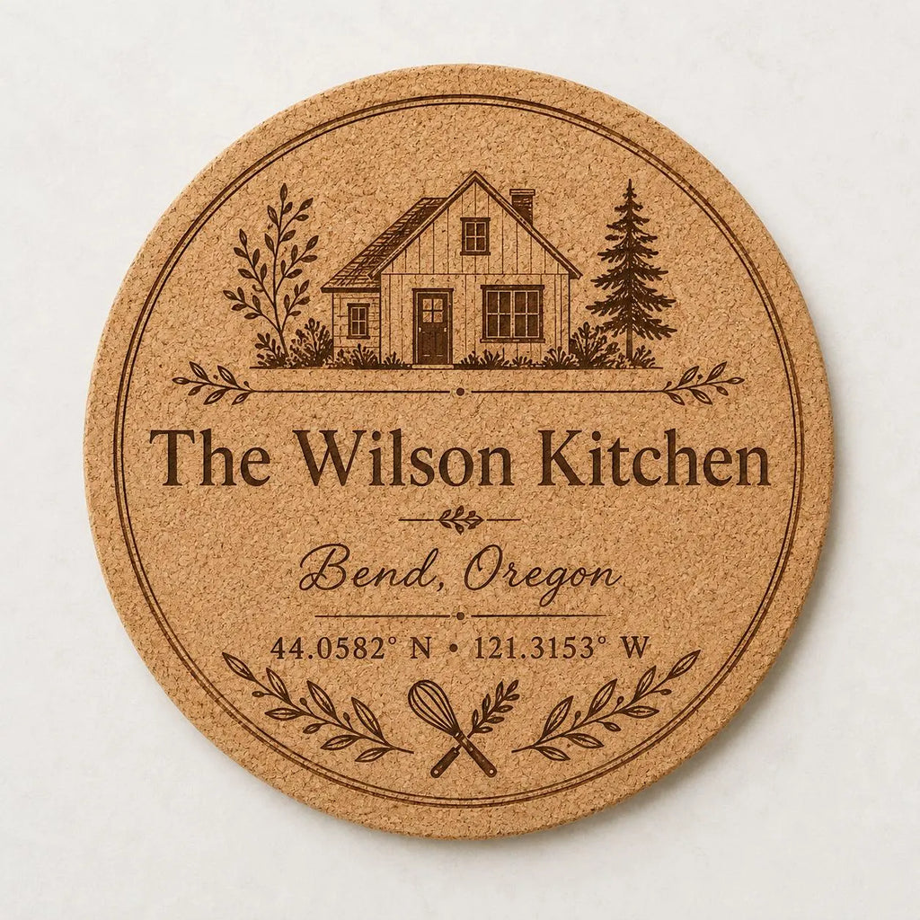 Custom or Pre-Designed 8" Cork Trivet – Laser Engraved Round Hot Pad – Personalized Kitchen Gift