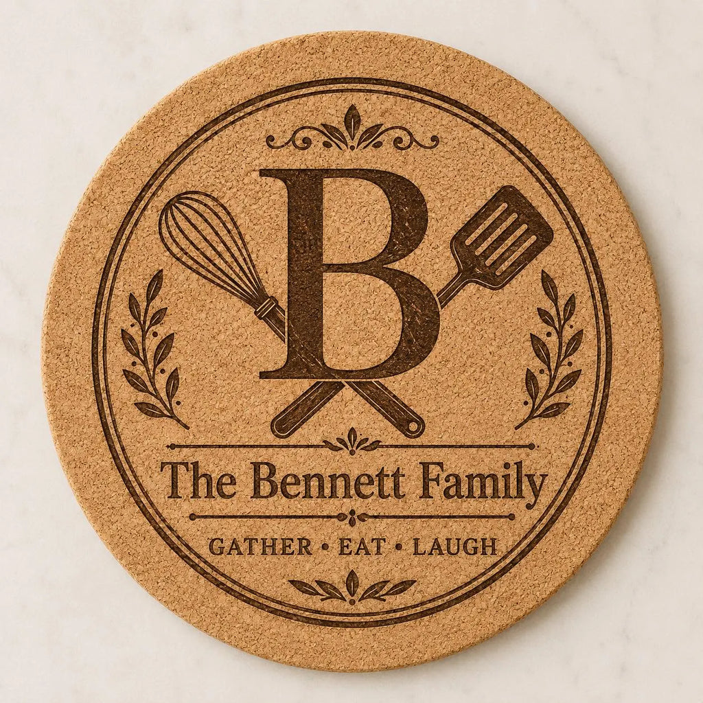 Custom or Pre-Designed 8" Cork Trivet – Laser Engraved Round Hot Pad – Personalized Kitchen Gift