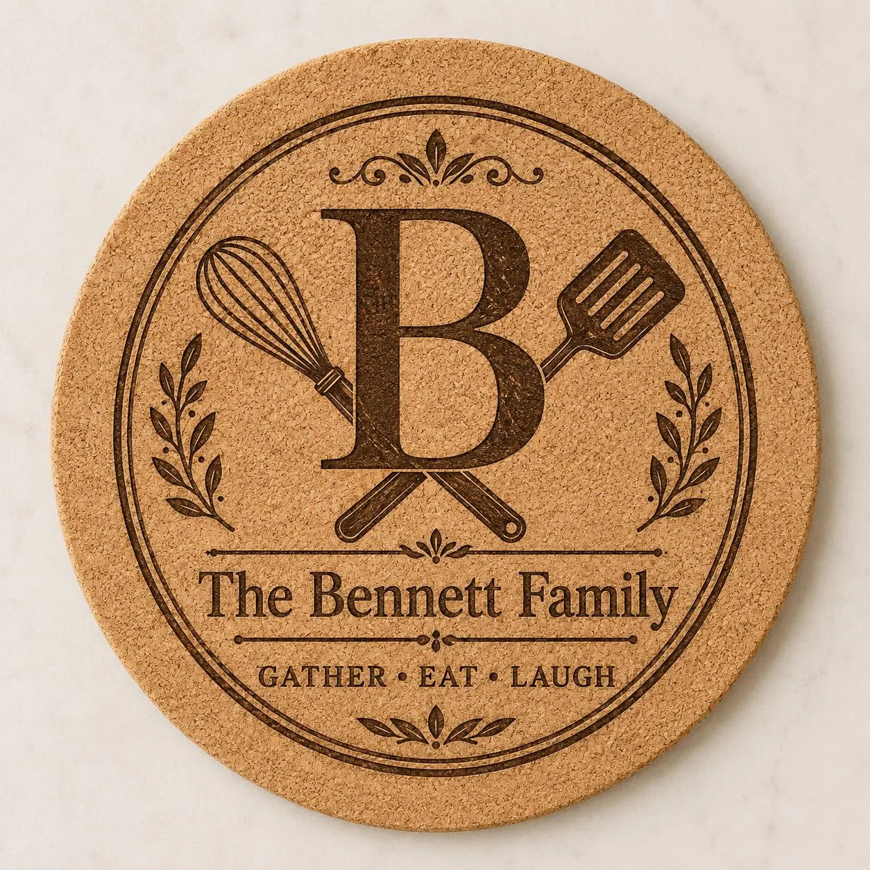Custom or Pre-Designed 8" Cork Trivet – Laser Engraved Round Hot Pad – Personalized Kitchen Gift