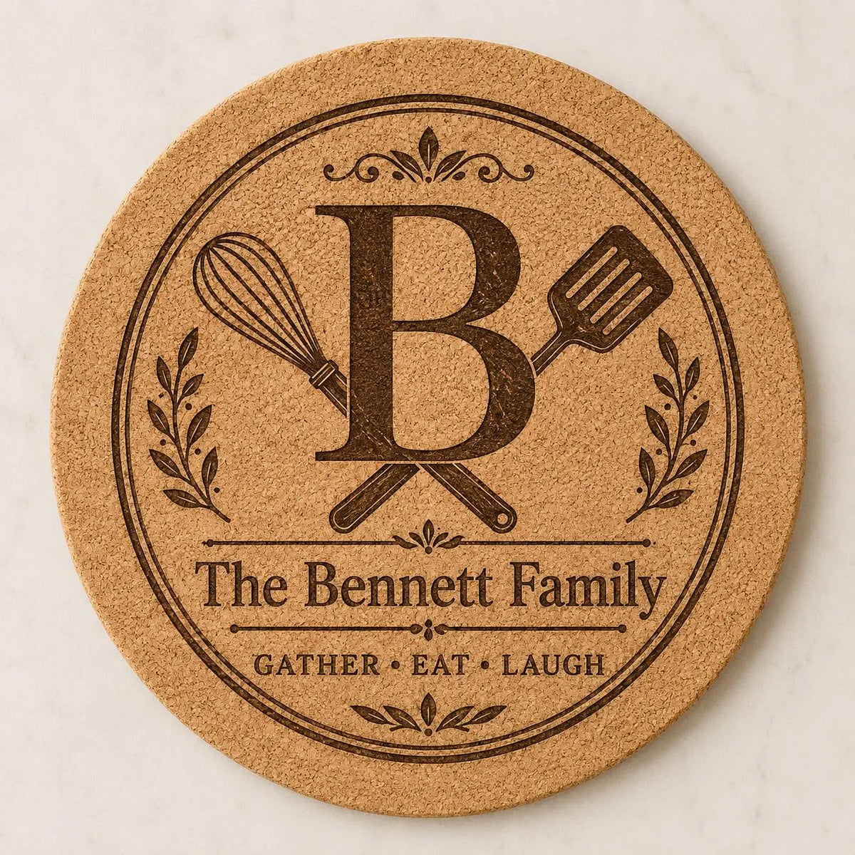 Custom or Pre-Designed 8" Cork Trivet – Laser Engraved Round Hot Pad – Personalized Kitchen Gift