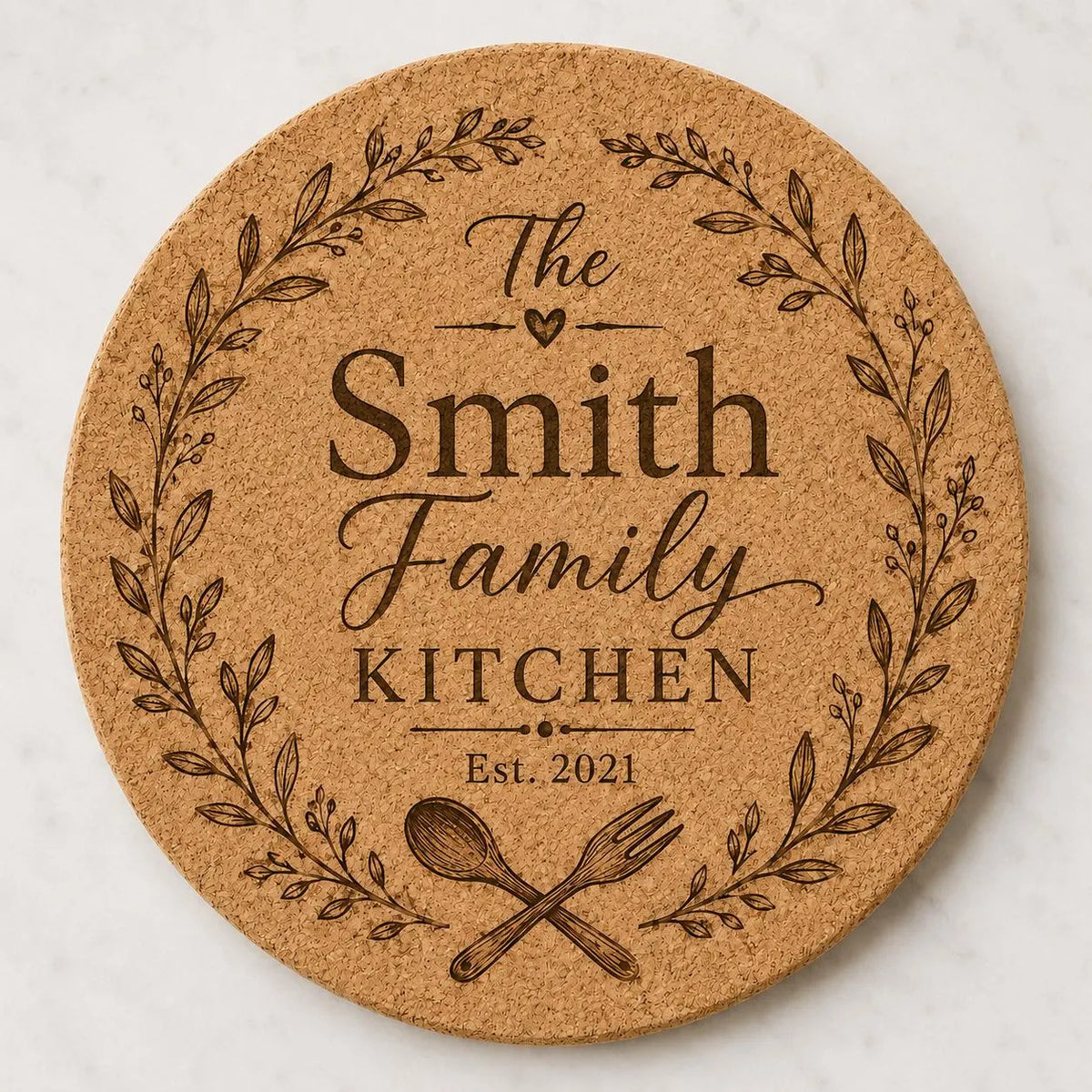 Custom or Pre-Designed 8" Cork Trivet – Laser Engraved Round Hot Pad – Personalized Kitchen Gift