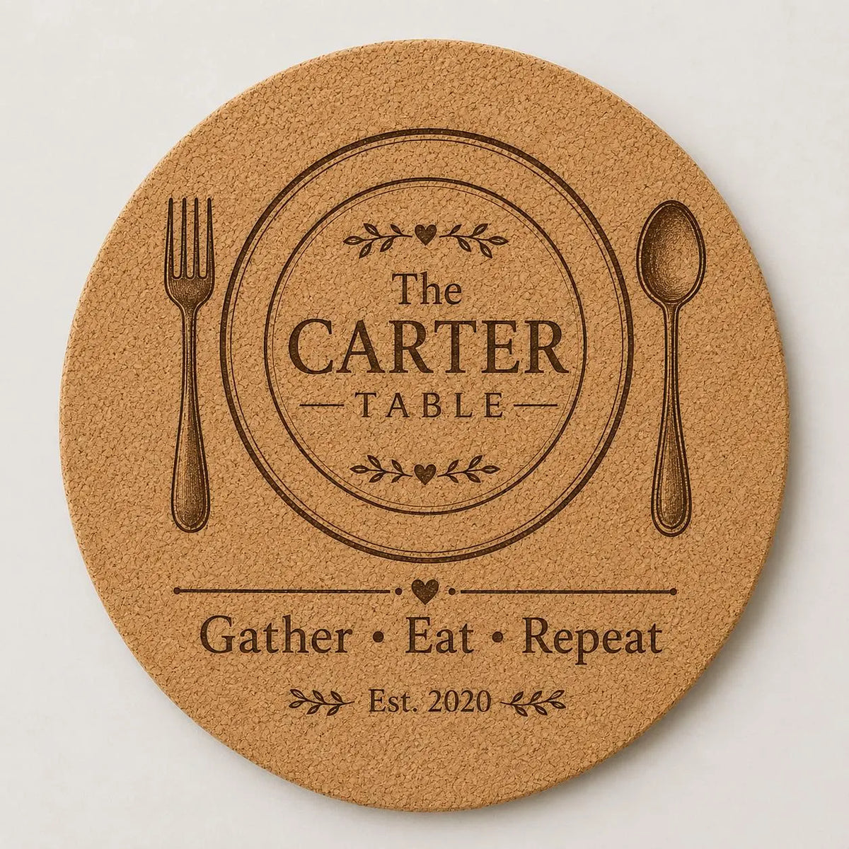 Custom or Pre-Designed 8" Cork Trivet – Laser Engraved Round Hot Pad – Personalized Kitchen Gift