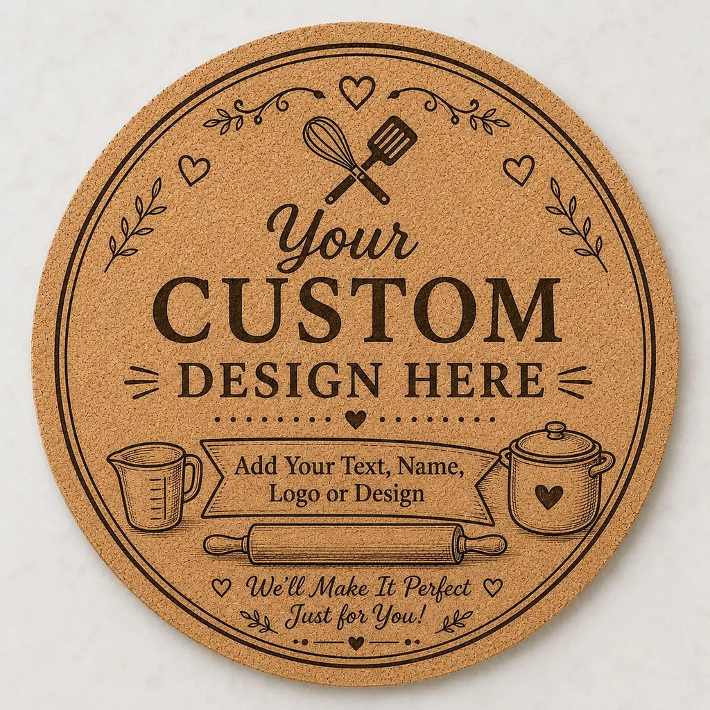 Custom or Pre-Designed 8" Cork Trivet – Laser Engraved Round Hot Pad – Personalized Kitchen Gift