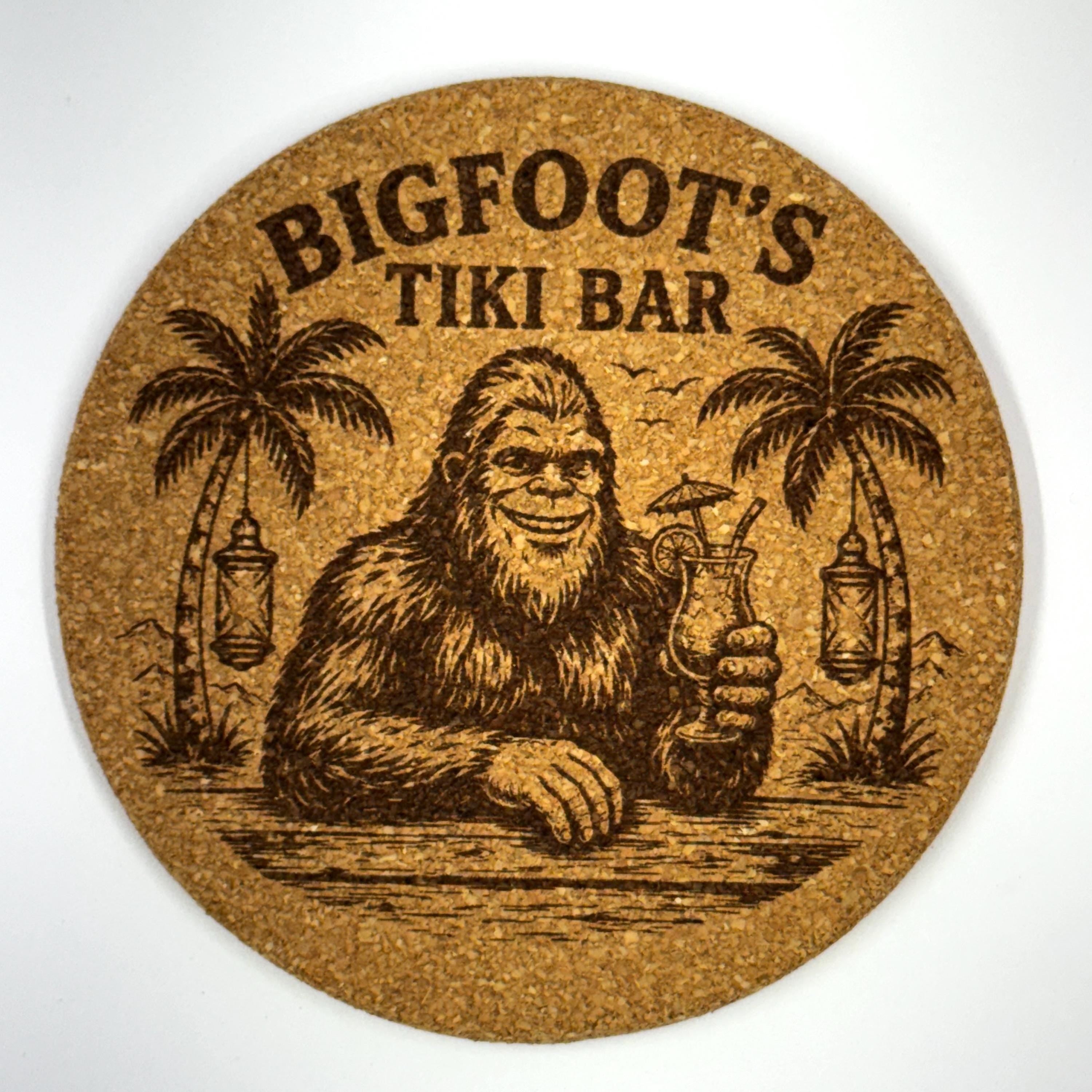 Bigfoot Tiki Bar Cork Coasters – Set of 4 Laser Engraved Drink Coasters