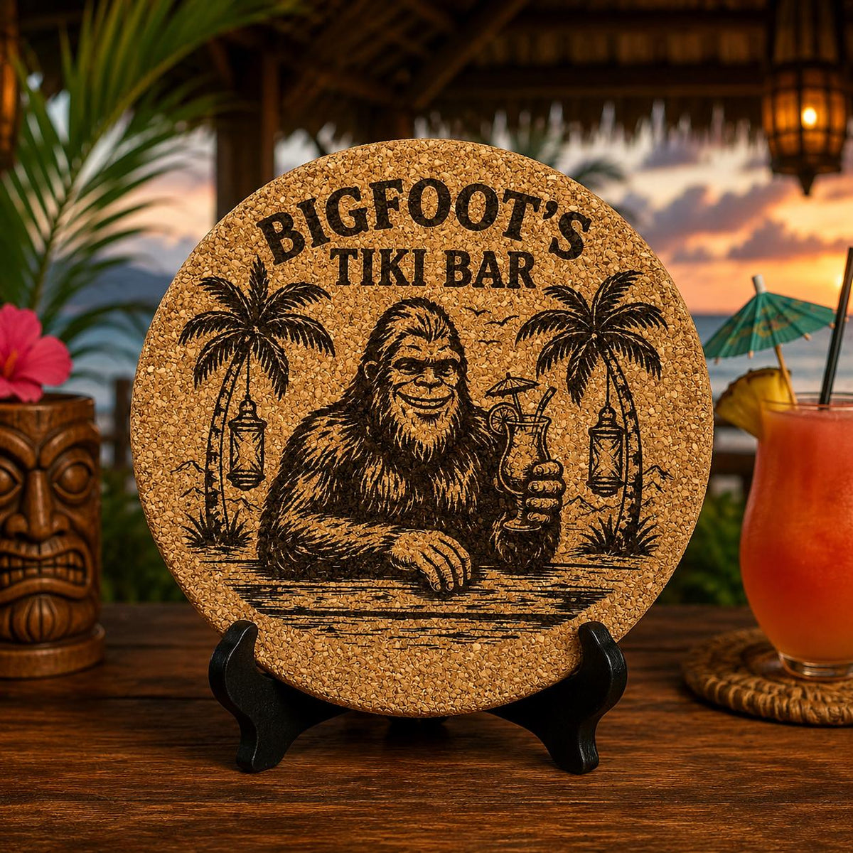 Bigfoot Tiki Bar Cork Coasters – Set of 4 Laser Engraved Drink Coasters