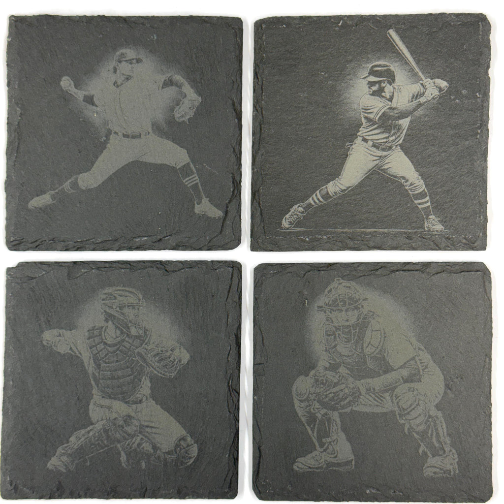 Baseball Players and Catchers Set of 4 Laser Engraved Slate Coasters