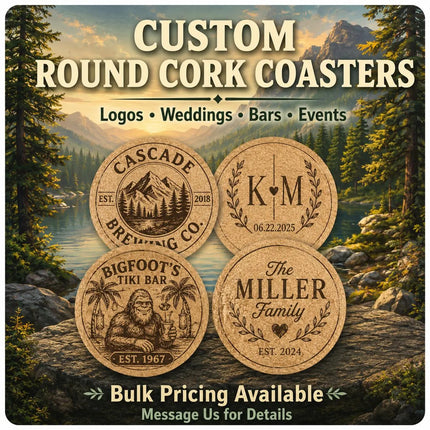 Custom Engraved Round Cork Coasters – Logo, Wedding, Bar & Event Designs