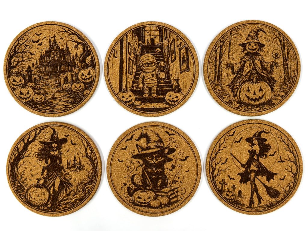 Halloween Witch & Haunted House Set of 6 Laser Engraved Cork Coasters