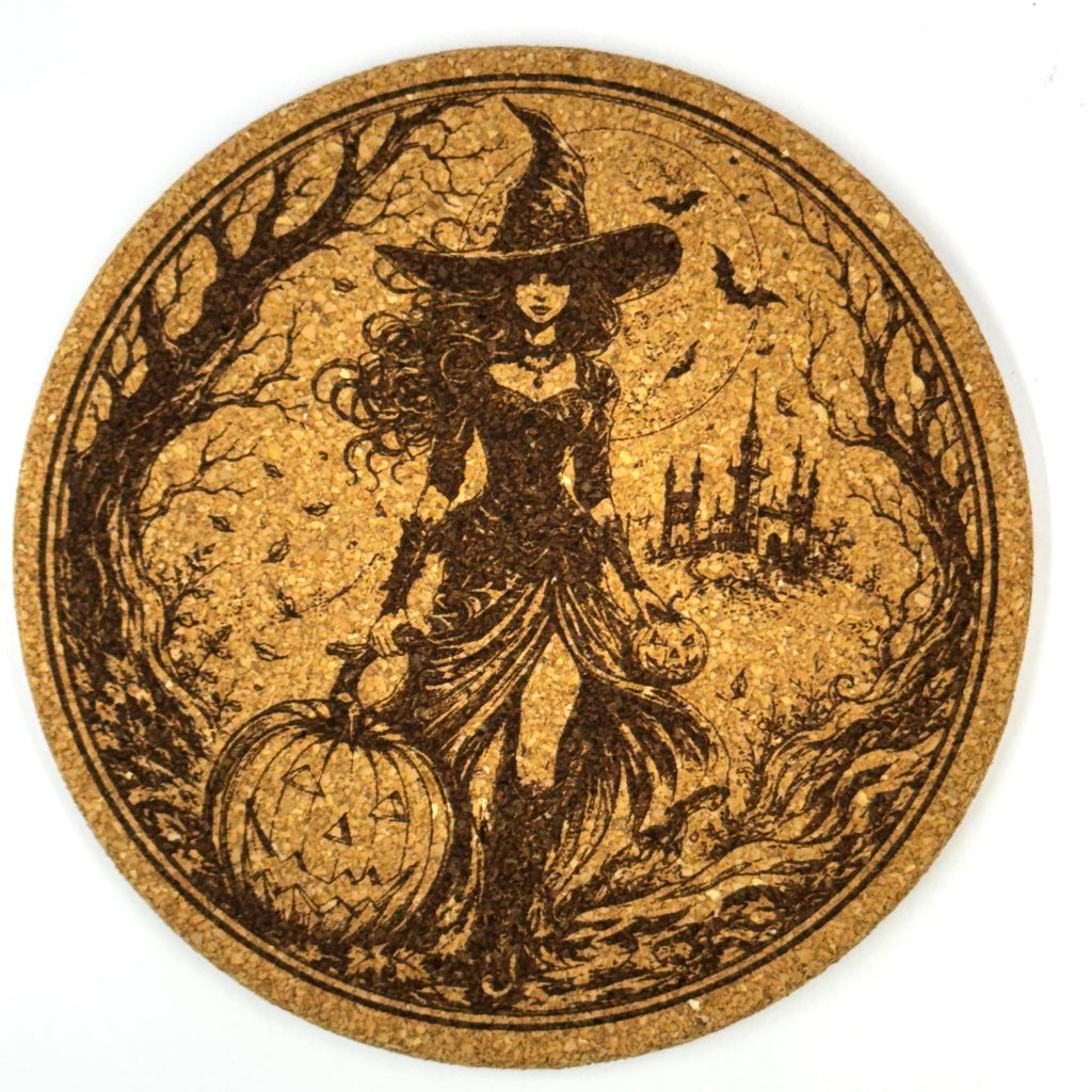 Halloween Witch & Haunted House Set of 6 Laser Engraved Cork Coasters