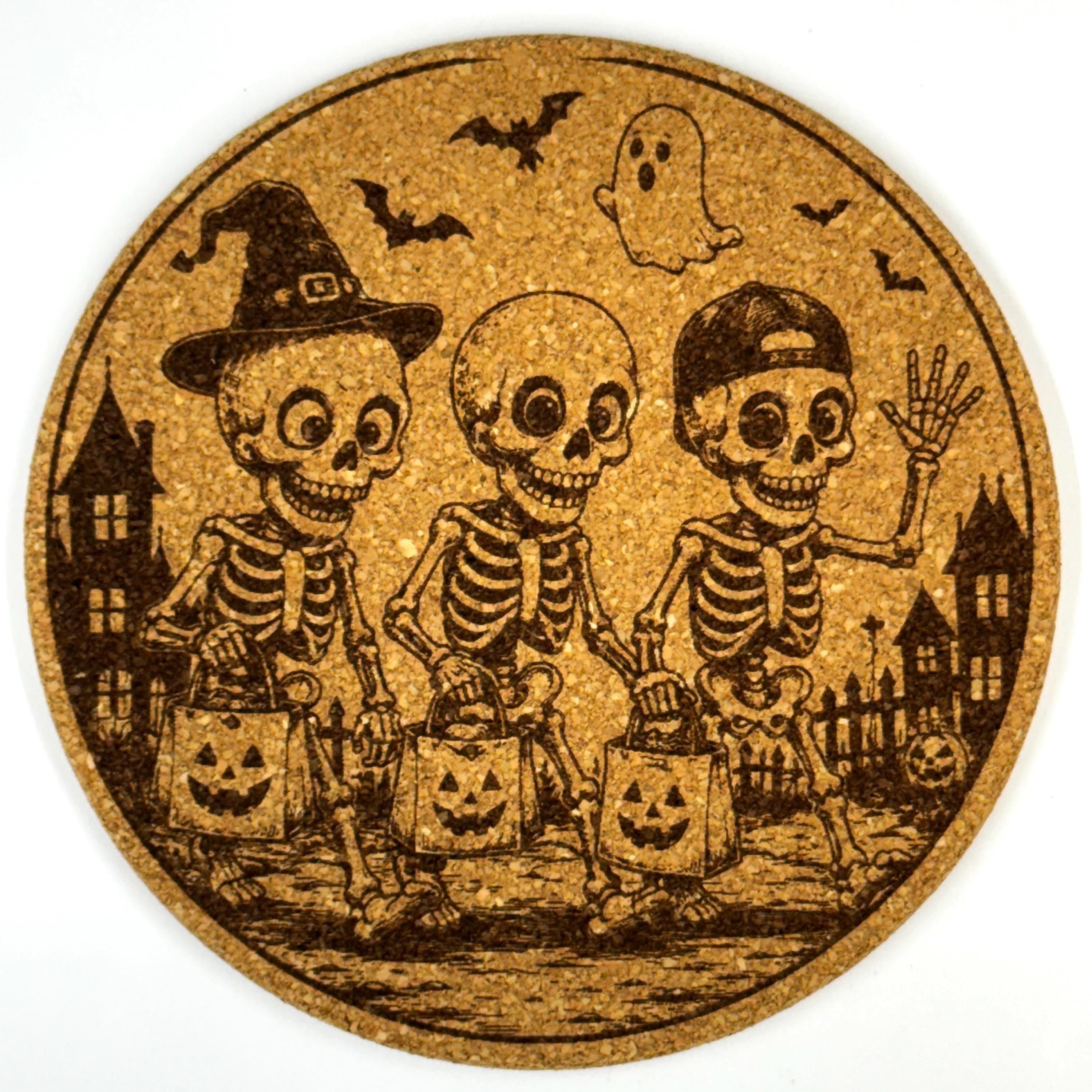 Funny Halloween Skeleton Collection Set of 9 Laser Engraved Cork Coasters