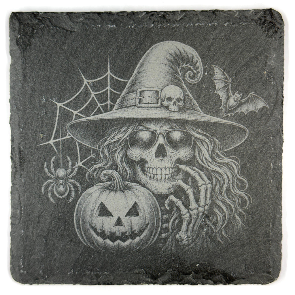 Spooky Fun Halloween Witches, Pumpkins and Ghost Set of 4 Laser Engraved Slate Coasters