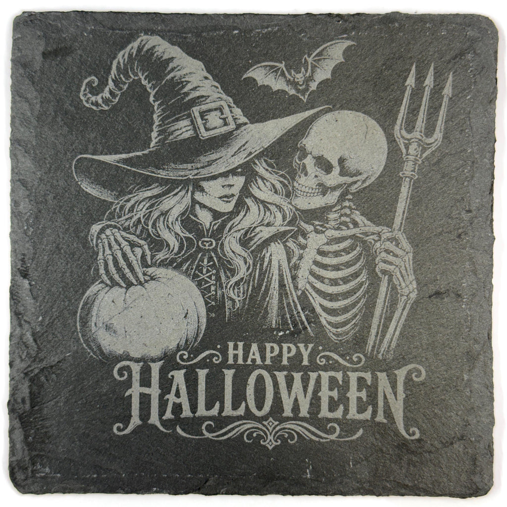 Spooky Fun Halloween Witches, Pumpkins and Ghost Set of 4 Laser Engraved Slate Coasters