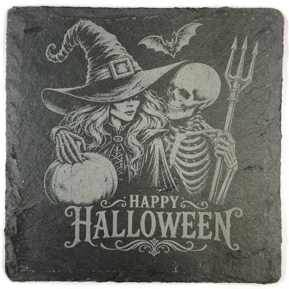 Spooky Fun Halloween Witches, Pumpkins and Ghost Set of 4 Laser Engraved Slate Coasters