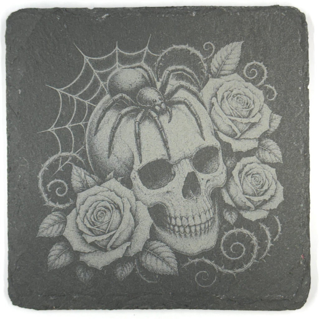 Creepy Halloween Skeletons, Skull & Ghost Set of 4 Laser Engraved Slate Coasters