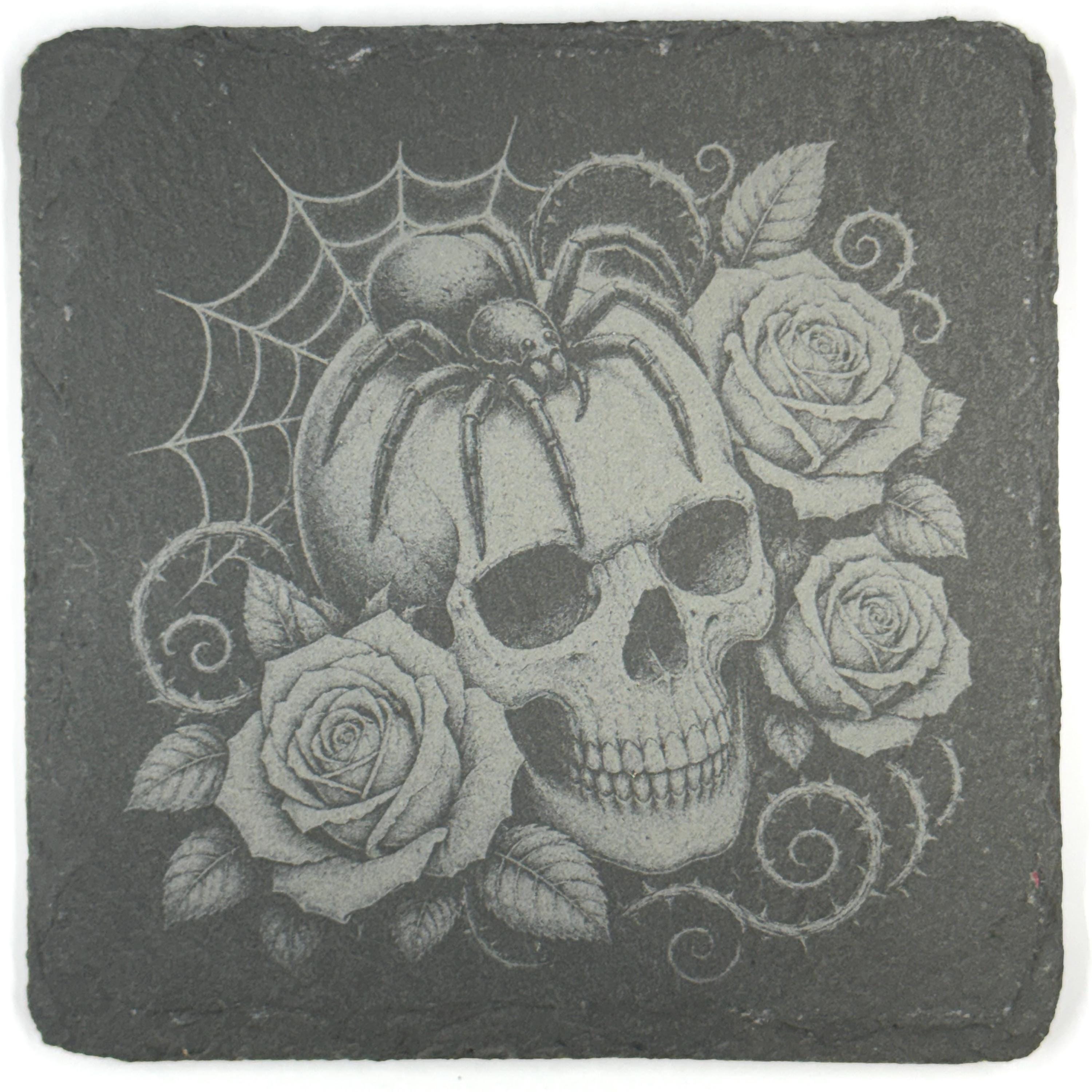 Creepy Halloween Skeletons, Skull & Ghost Set of 4 Laser Engraved Slate Coasters