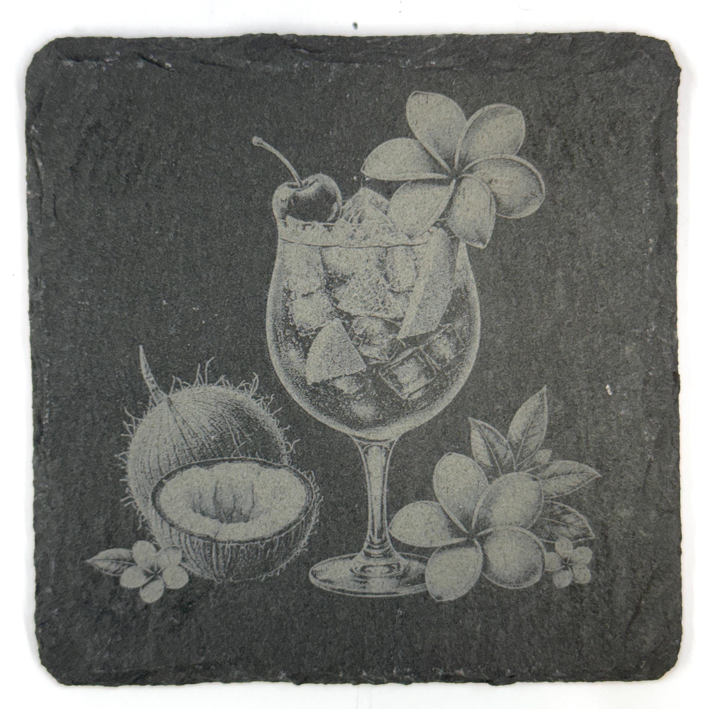 Tropical Island Cocktails & Fruit Set of 4 Laser Engraved Slate Coasters
