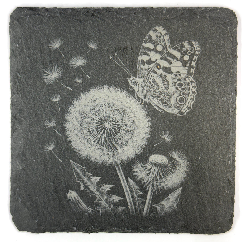 Butterflies and Garden Flowers Set of 4 Laser Engraved Slate Coasters