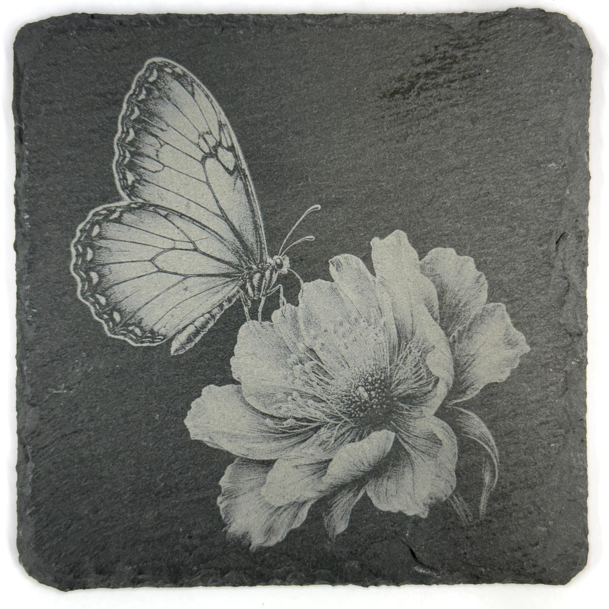Butterflies and Garden Flowers Set of 4 Laser Engraved Slate Coasters