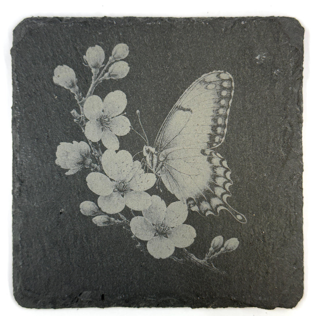 Butterflies and Garden Flowers Set of 4 Laser Engraved Slate Coasters