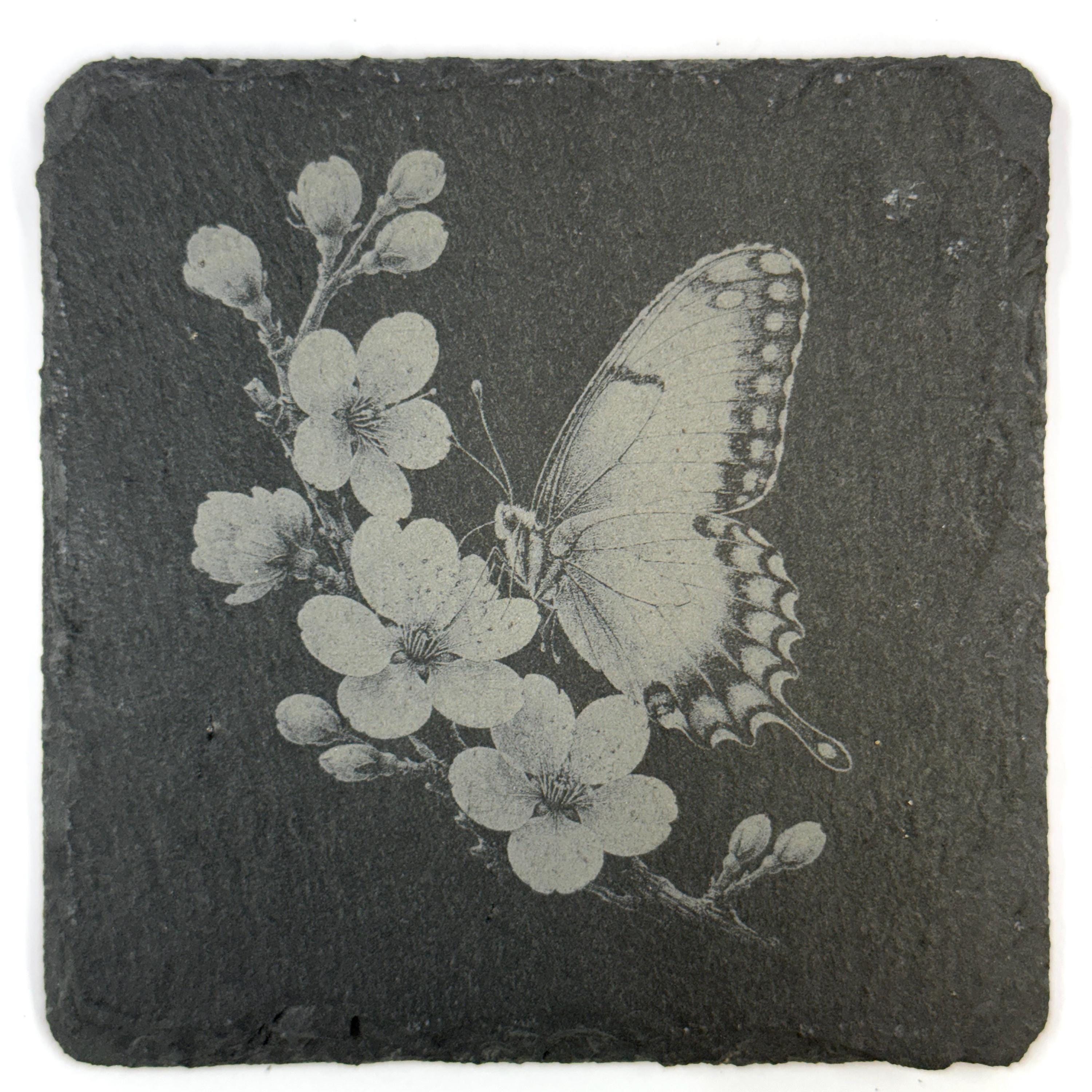 Butterflies and Garden Flowers Set of 4 Laser Engraved Slate Coasters
