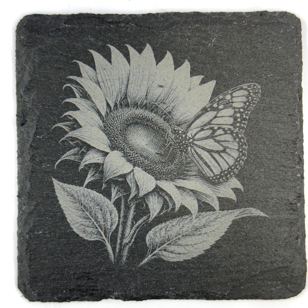 Butterflies and Garden Flowers Set of 4 Laser Engraved Slate Coasters