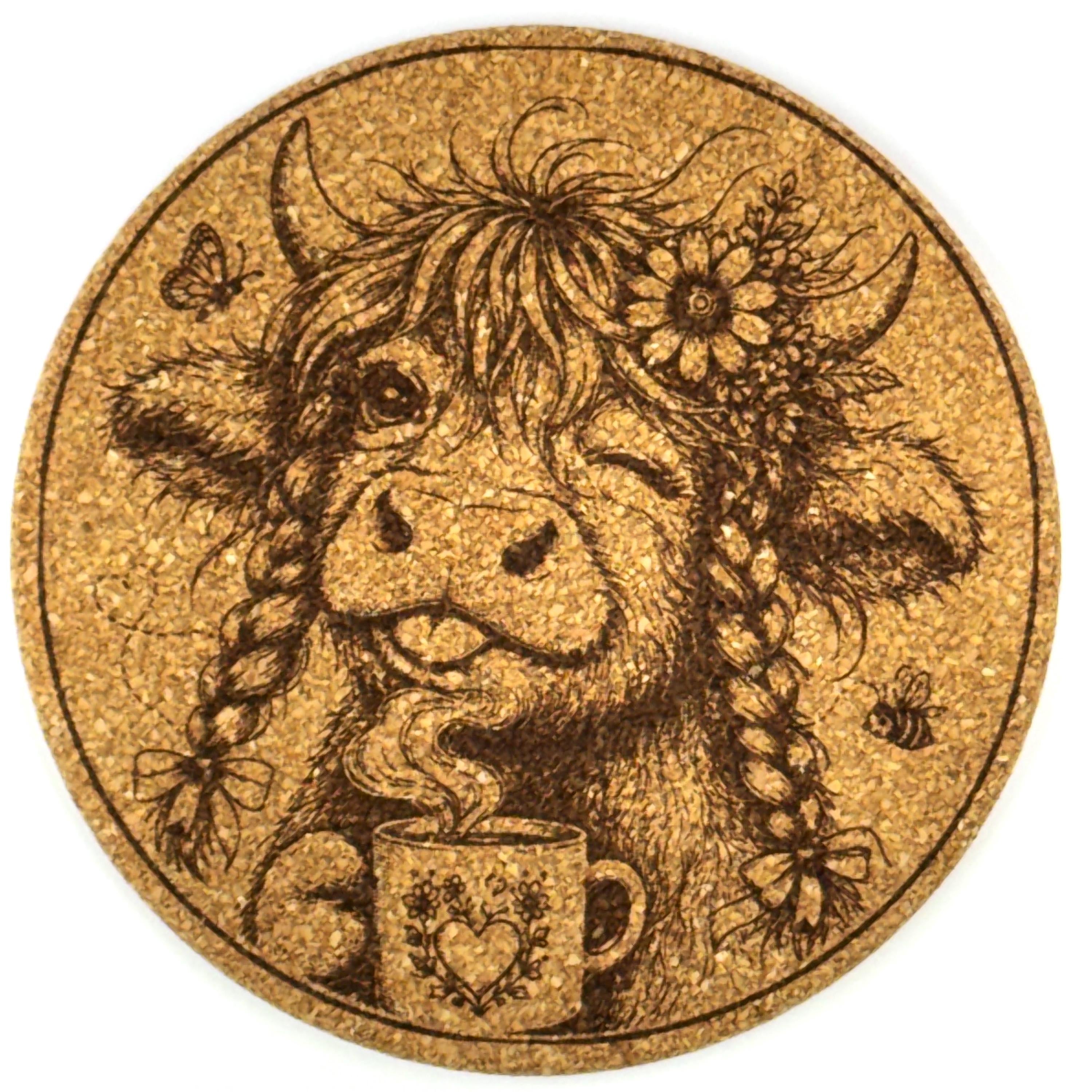 Funny Highland Cow Coffee Lovers Set of 6 Laser Engraved Round Cork Coasters