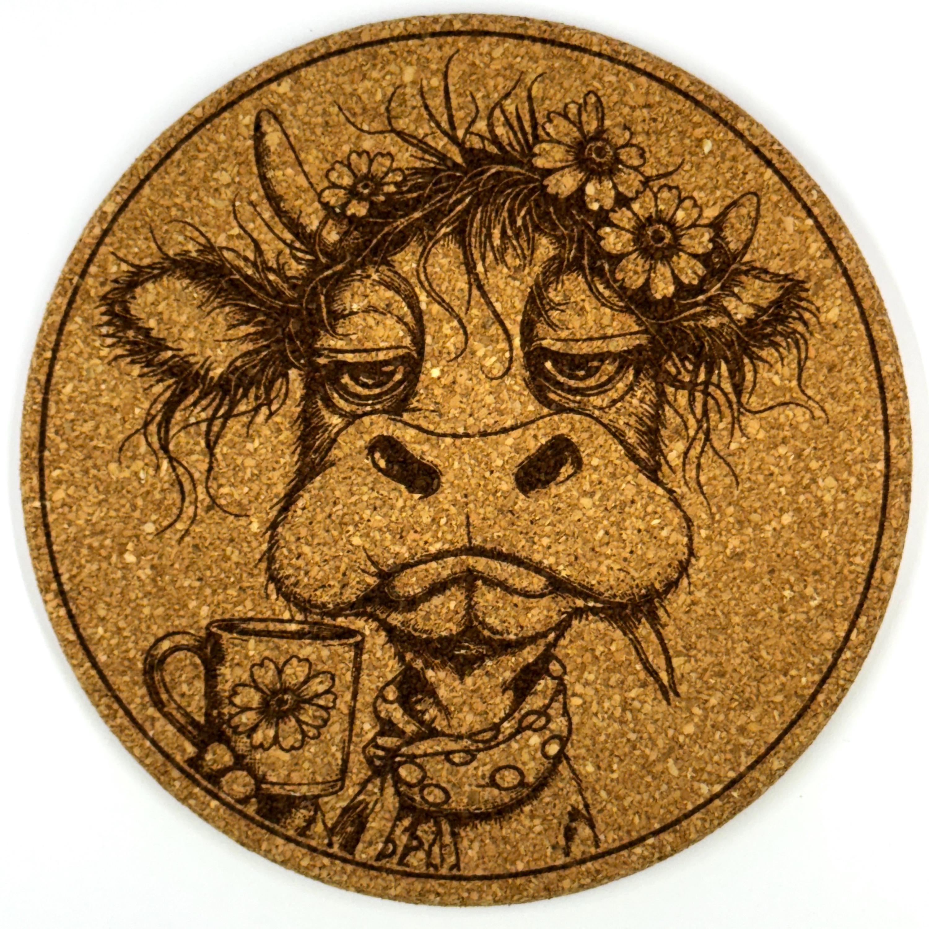 Funny Highland Cow Coffee Lovers Set of 6 Laser Engraved Round Cork Coasters
