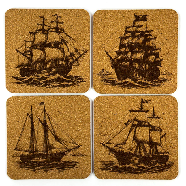 Pirate Ships Nautical Decor, Set of 4 Laser Engraved Cork Coasters