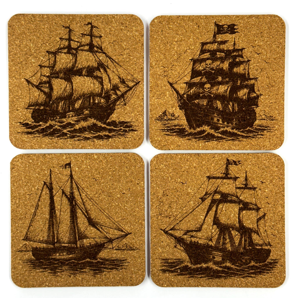 Pirate Ships Nautical Decor, Set of 4 Laser Engraved Cork Coasters