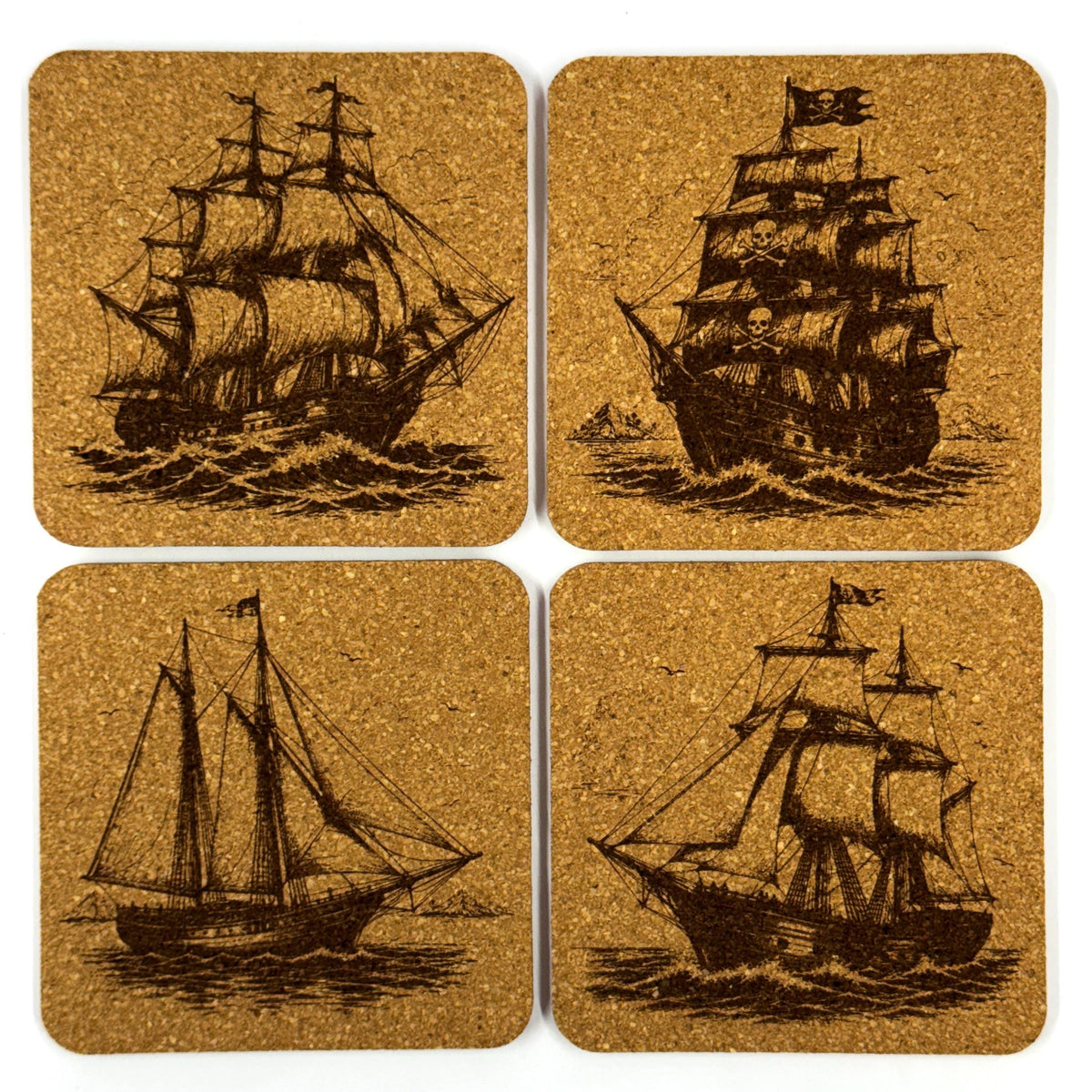 Pirate Ships Nautical Decor, Set of 4 Laser Engraved Cork Coasters