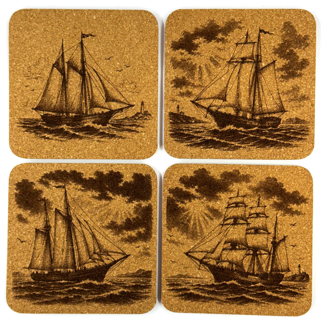 Vintage Sailing Ships Nautical Decor, Set of 4 Laser Engraved Cork Coasters