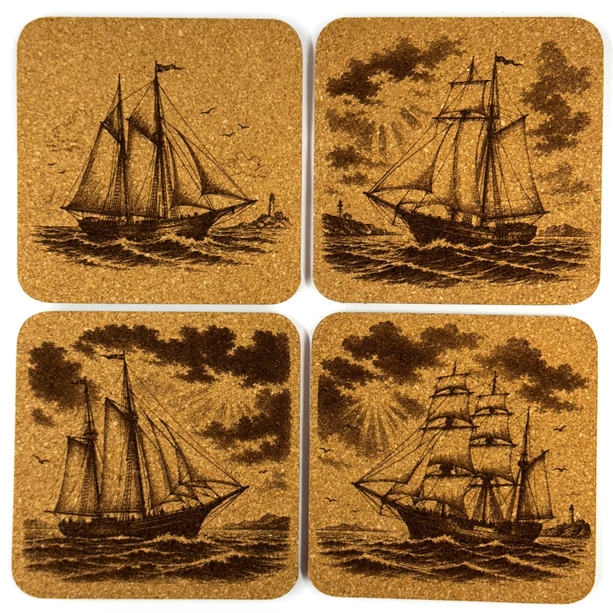 Vintage Sailing Ships Nautical Decor, Set of 4 Laser Engraved Cork Coasters
