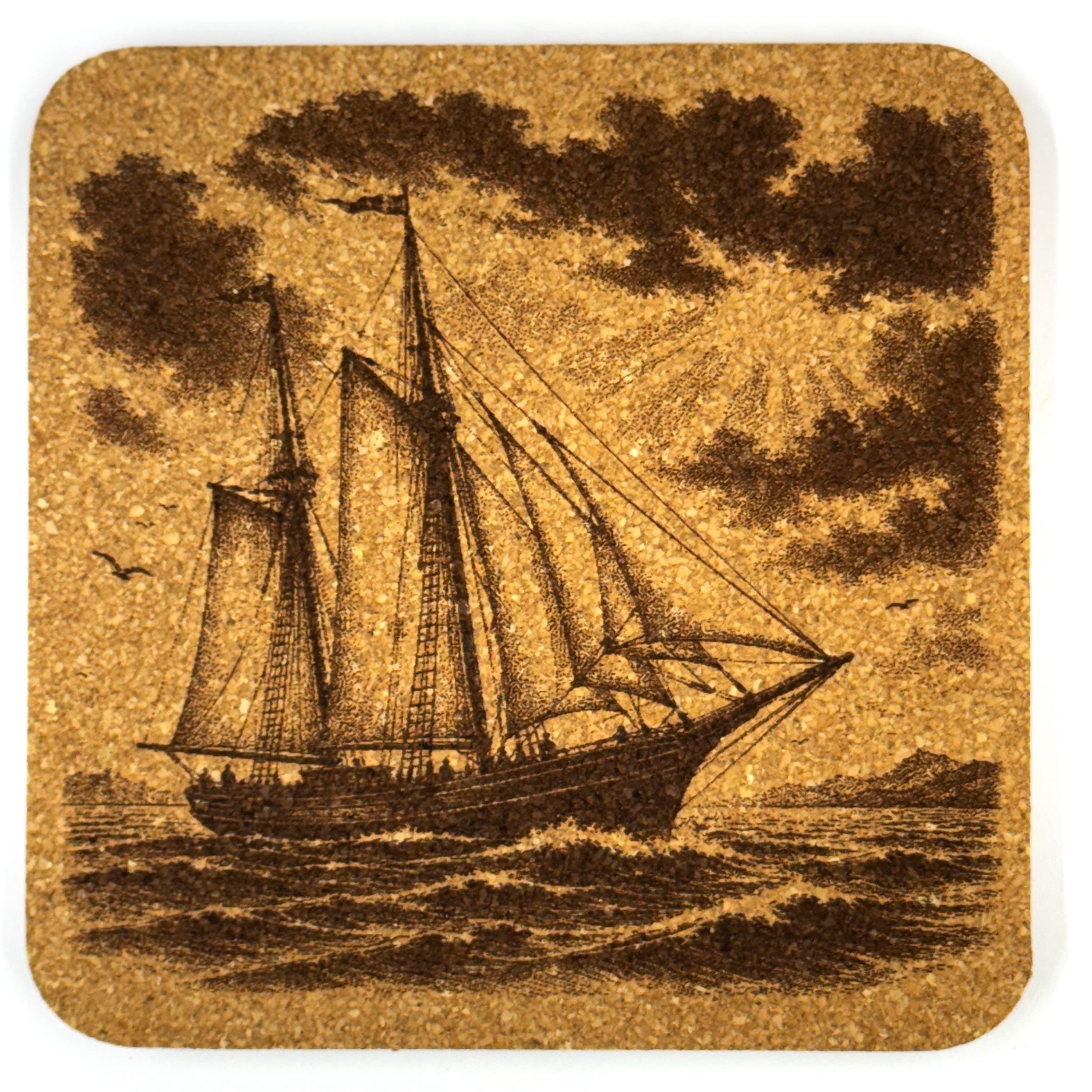 Vintage Sailing Ships Nautical Decor, Set of 4 Laser Engraved Cork Coasters