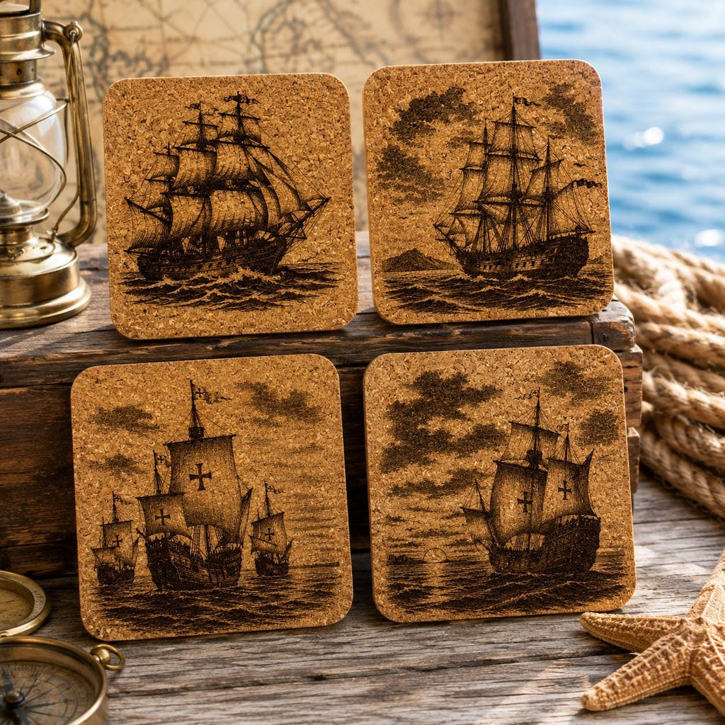 Historic Sailing Ships Nautical Decor, Set of 4 Laser Engraved Cork Coasters