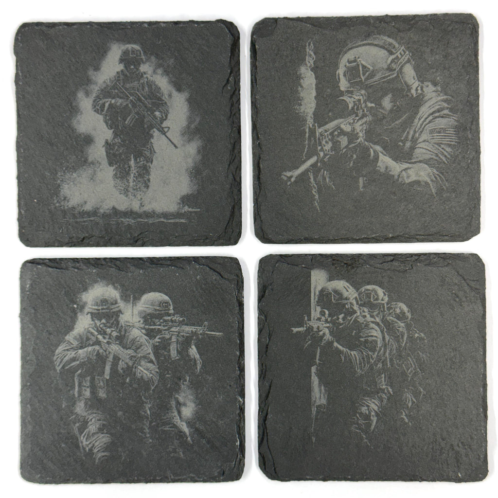 Military Soldier Tactical Combat Designs – Set of 4 Laser Engraved Slate Coasters