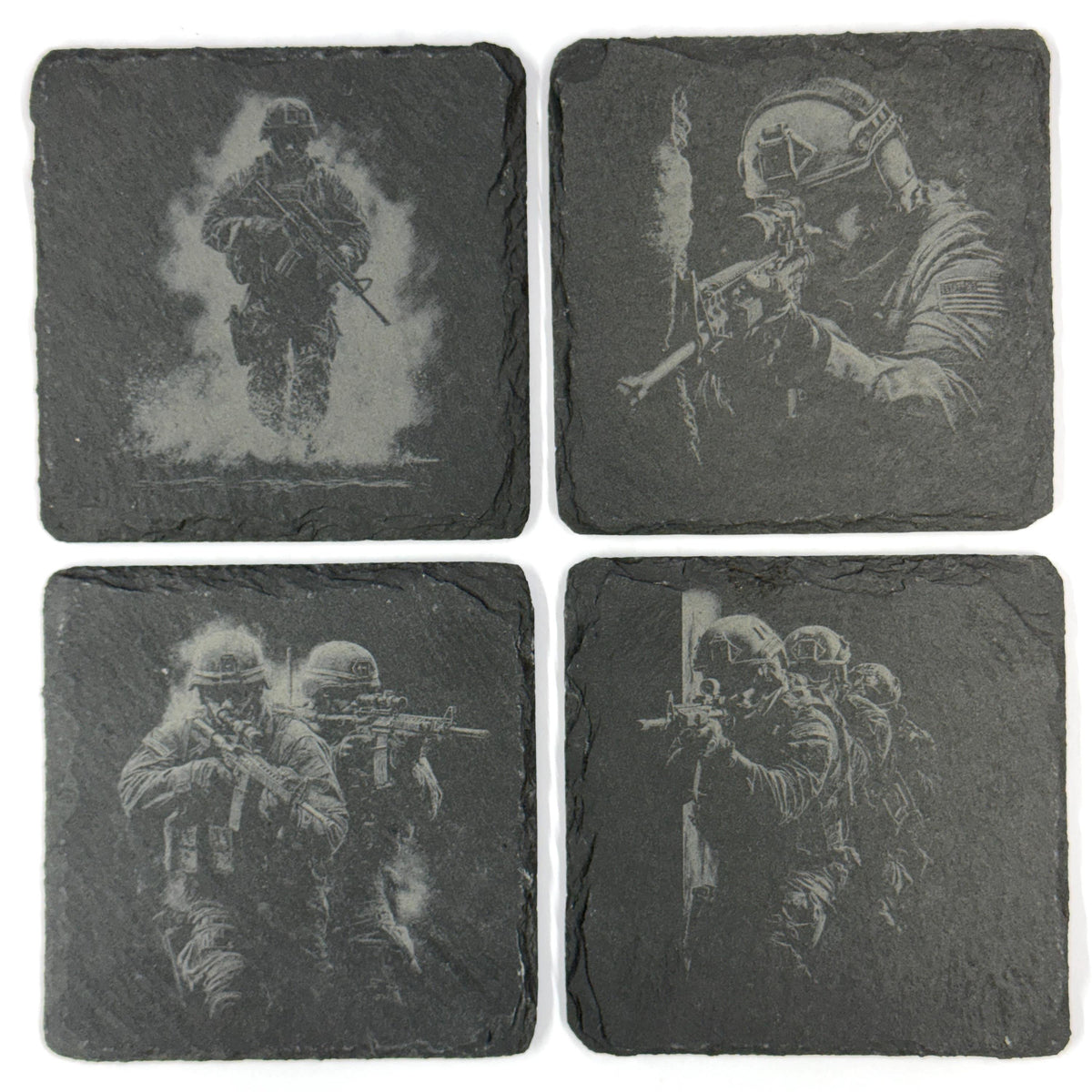 Military Soldier Tactical Combat Designs – Set of 4 Laser Engraved Slate Coasters