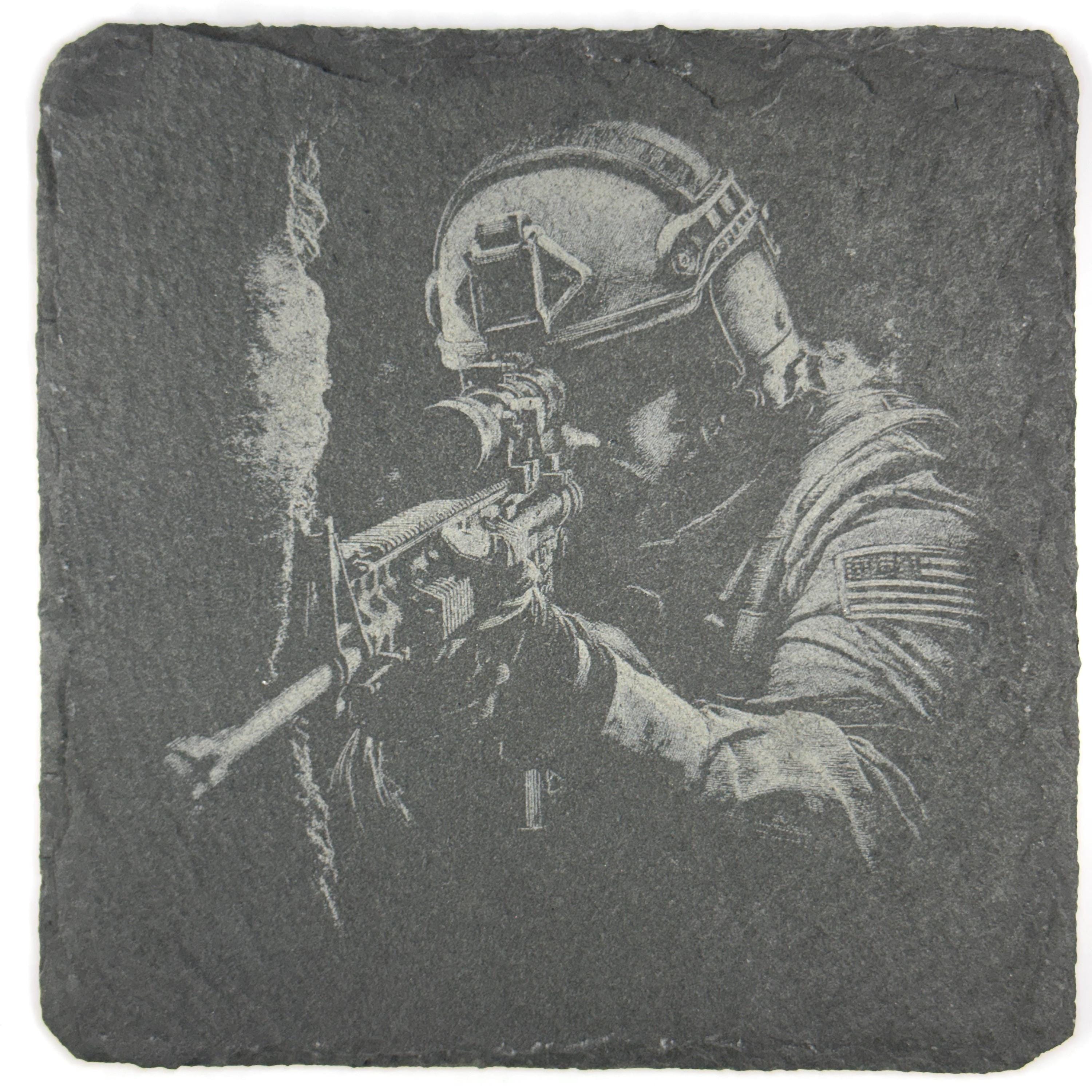 Military Soldier Tactical Combat Designs – Set of 4 Laser Engraved Slate Coasters