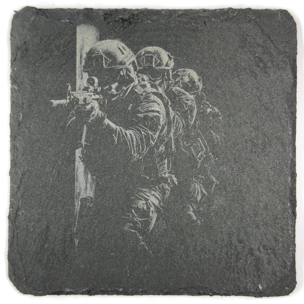 Military Soldier Tactical Combat Designs – Set of 4 Laser Engraved Slate Coasters