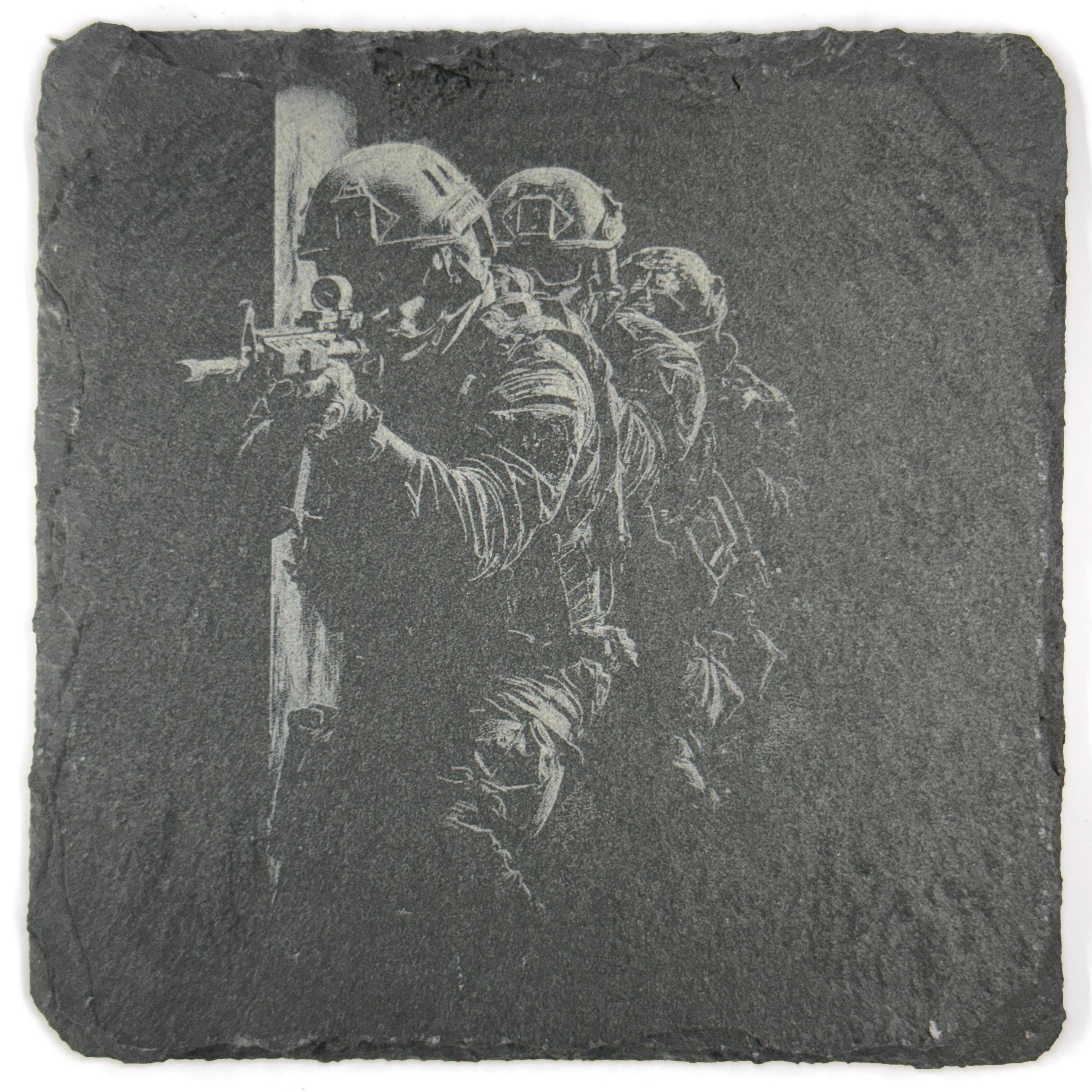 Military Soldier Tactical Combat Designs – Set of 4 Laser Engraved Slate Coasters