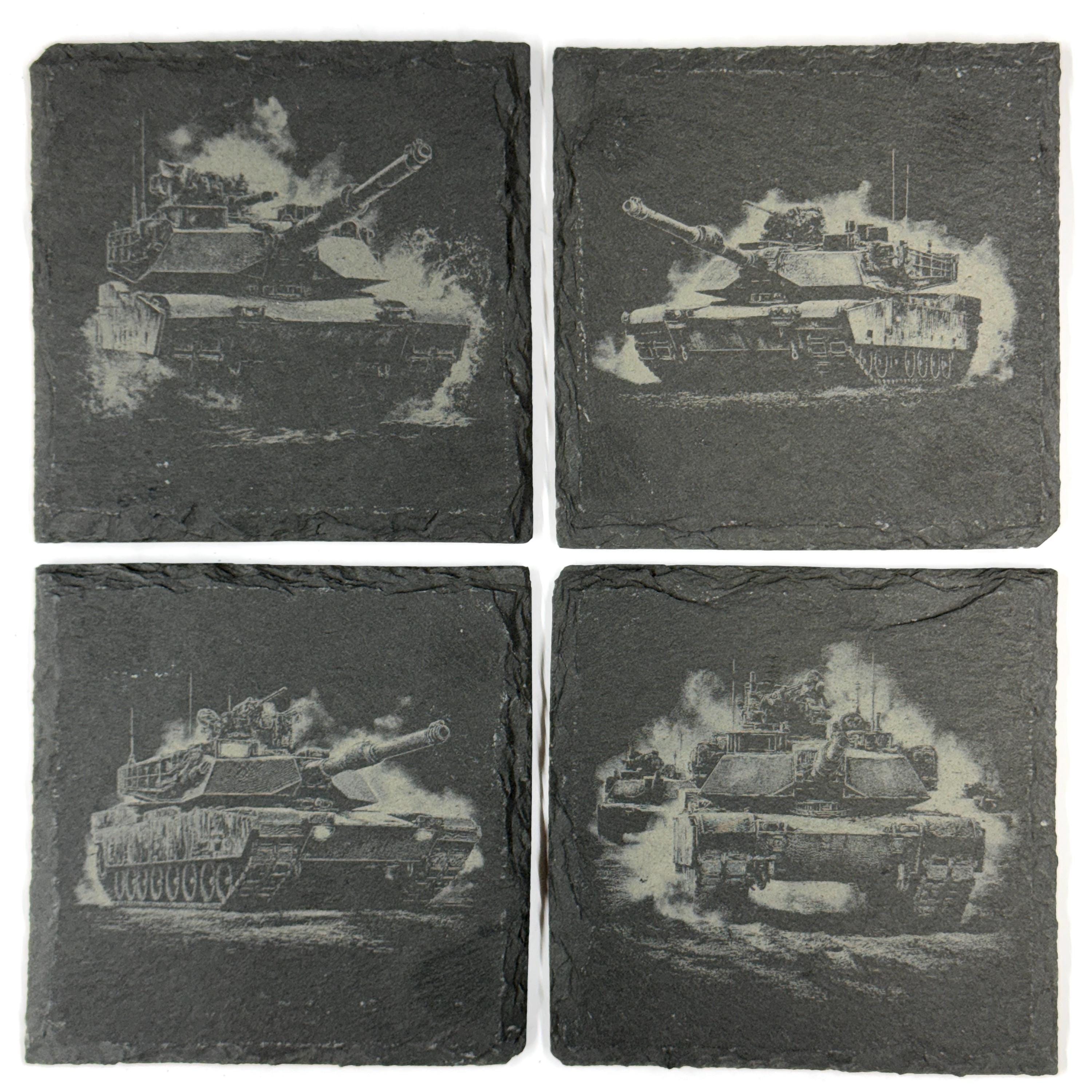 M1 Abrams Inspired Military Tank Set of 4 Laser Engraved Slate Coasters
