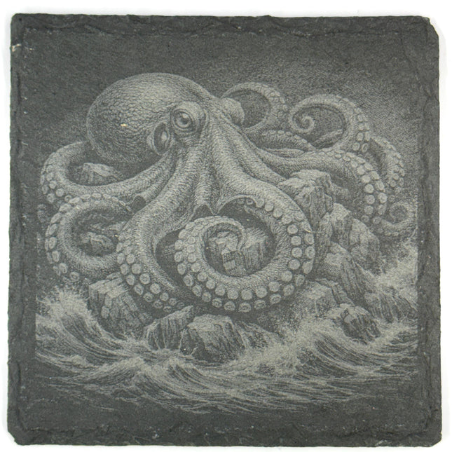 Octopus Among Rocks and Reefs, Set of 4 Laser Engraved Slate Coasters