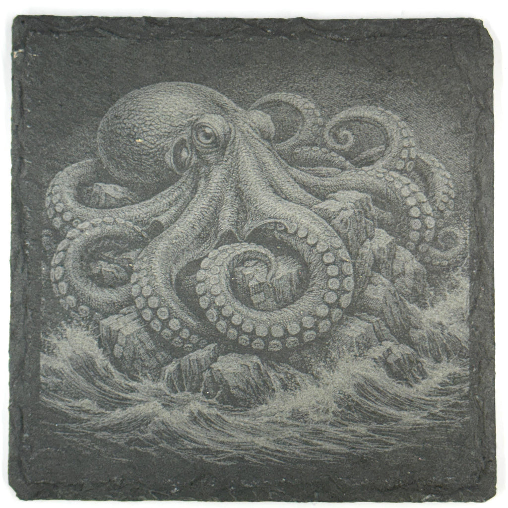 Octopus Among Rocks and Reefs, Set of 4 Laser Engraved Slate Coasters
